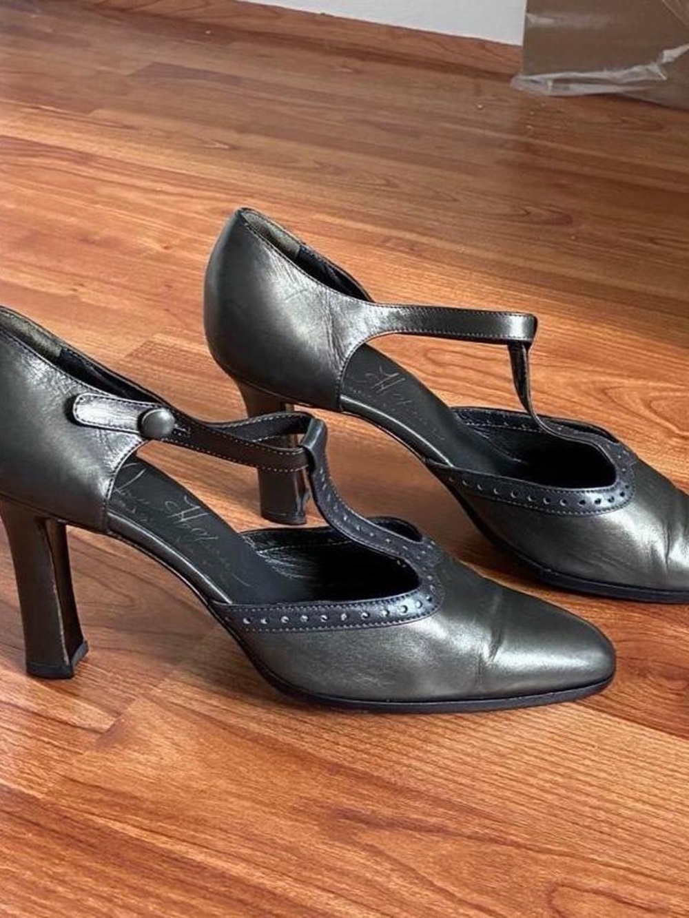 Vintage grey Leather T-Strap Heels